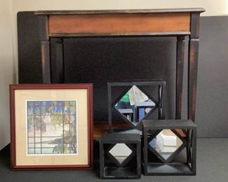 Console Table, Walnut Espresso Finish, Framed Tiffany Print, 3 Pc Wall Shelves