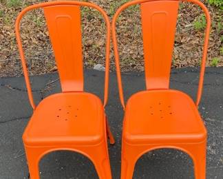 Two Metal Stackable Metal Chairs, Orange Finish