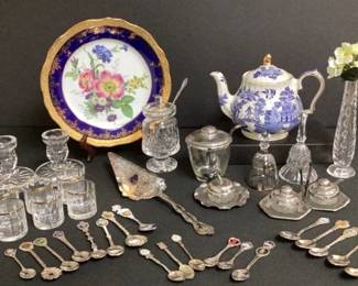 Limoges Plate w stand, Waterford Candle Holders, Waterford Lismore Covered Jar, Waterford Vase Etc..