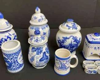 Blue White Tea Caddy, Napkin Holders Ginger Jars, Vase, Mug