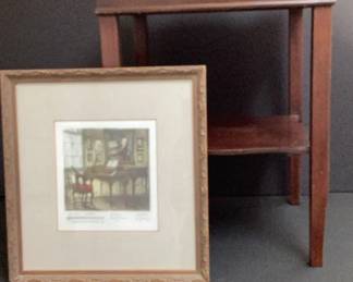 Mozart Colored Etching Signed Numbered, Wooden Square Two Tier Table