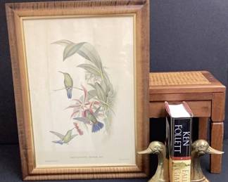John Gould Lithograph, Stool with Cane Top, Solid Brass Duck Book Ends, Book