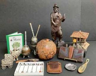 Argentinian Decor Gourde Mates with Bombillas, Silver Ekekos, Carved Gourd, Statues,Wallet, Shoe Ho