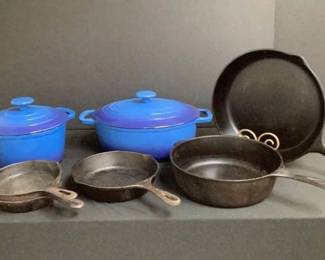 Blue Dutch Oven Cooks Round and Oval, 4 Cast Iron Skillets