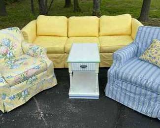 Three Piece Slipcovered Yellow Sofa , Floral Club Chair, Plaid Club Chair, Hand Painted Side Table