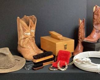 Men and Women Cowboy Boots, Leather Hat, Genuine Lasso, Shoe Shine Kit