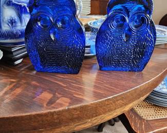 Pair Blenko Cobalt Blue owl bookends

