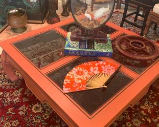 Wooden and glass coffee table, asian art 
