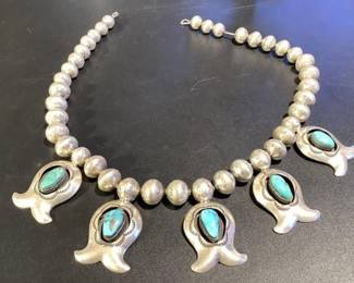 Navajo silver beaded necklace with turquoise and silver accent