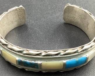 Mother of pearl and turquoise silver cuff bracelet