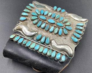 Spectacular leather cuff with silver and turquoise Navajo craftsmanship