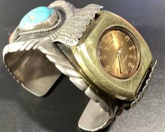 Silver and turquoise Navajo watch cuff