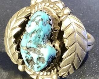 P Jamez Navajo silver and turquoise ring stamped