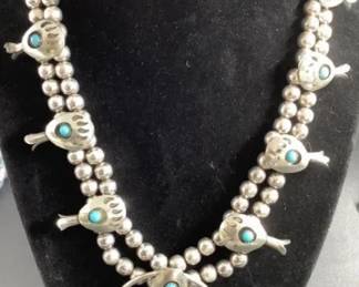 Silver and turquoise squash blossom Navajo necklace