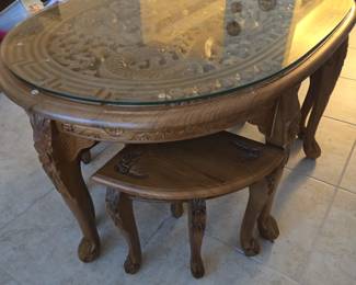 Teakwood Hand Carved Coffee Table with Stools