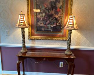 Table, lamps and wall art all for sale