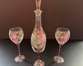 Hand painted decanter and 3 wine glasses
