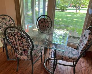 Stoneville Furniture beveled glass top table with green metal base and 4 chairs