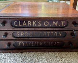Vintage wood thread spool cabinet (with spools)