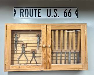 Route U.S. 66 Sign and Wooden Tool Organizer Cabinet