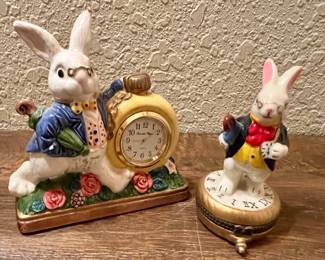 Fitz & Floyd White Rabbit mini-clock and trinket box with clock charm inside