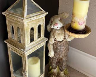 Lantern Decor and Farmer Bunny Rabbit Butler Plant Stand