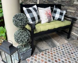 One of two black wood benches (topiary is not for sale)
