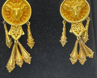 There is Rare and Then There is RARE - This is a Victorian Mourning Jewelry Suite in 14Kt Gold With Ram’s Head Decorations in the Victorian Etruscan Revival Style.  The Box Has The Original Sticker and is Attributed to the Famed Joseph Mayer and Indicates His Jewelry Store at 68 Lord Street Liverpool.  Created Approximately 1865, it is a Testament to His Legacy and Life-long Collections of Archeology.  Search 31890M on Bentley & Skinner's of London's Website for a Similar Set.