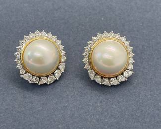 Mabé Earrings with Round and Pear Shaped Diamonds - Approximately 2.4 Carats Total Weight