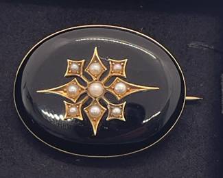 This Sale Will Feature a Selection of Victorian Morning Jewelry - This Piece is an 1882 Stunning Black Onyx and 9 Seed Pearl Brooch with Lock of Hair Intact