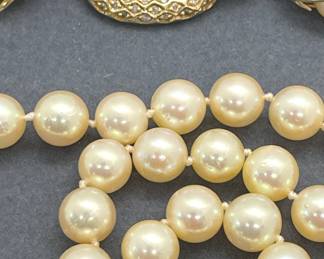 Approximate 42 Inch Strand of 7 MM to 7.2 MM Cultured Pearls Featuring a 14 Kt Yellow Gold, Diamond and Sapphire Clasp.