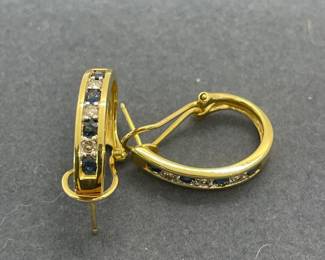 Pair of 14Kt Yellow Gold, Sapphire, and Diamond Hoop Earrings