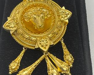 There is Rare and Then There is RARE - This is a Victorian Mourning Jewelry Suite in 14Kt Gold With Ram’s Head Decorations in the Victorian Etruscan Revival Style.  The Box Has The Original Sticker and is Attributed to the Famed Joseph Mayer and Indicates His Jewelry Store at 68 Lord Street Liverpool.  Created Approximately 1865, it is a Testament to His Legacy and Life-long Collections of Archeology.  Search 31890M on Bentley & Skinner's of London's Website for a Similar Set.