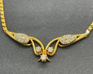 14 Kt Yellow Gold Contemporary Heart Design Necklace Featuring 3 Diamond Lower Section & 2 Pear Shaped Discs with Diamonds Pave