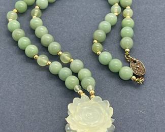 Gorgeous Old Jade Beads with Jade Floral Centerpiece