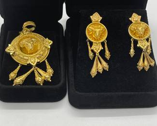 There is Rare and Then There is RARE - This is a Victorian Mourning Jewelry Suite in 14Kt Gold With Ram’s Head Decorations in the Victorian Etruscan Revival Style.  The Box Has The Original Sticker and is Attributed to the Famed Joseph Mayer and Indicates His Jewelry Store at 68 Lord Street Liverpool.  Created Approximately 1865, it is a Testament to His Legacy and Life-long Collections of Archeology.  Search 31890M on Bentley & Skinner's of London's Website for a Similar Set.