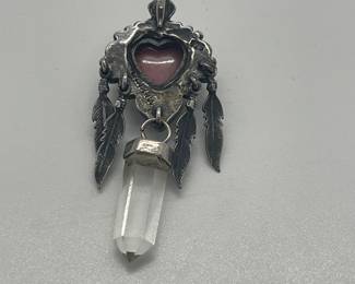 Sterling Silver Sacred Heart Pendant with Sterling Feather, Stone & Crystal Accents
