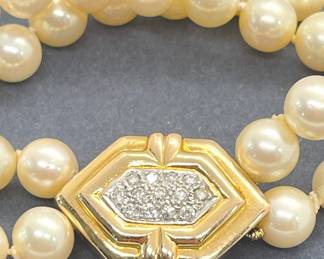 7 Inch Double Strand Pearl Bracelet - Cultured Pearls - Approximately 7 MM with Diamond Clasp featuring Approximately .4 Carats of Diamonds
