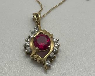 14 Kt Gold Necklace with 10Kt Gold, Ruby & Diamond Pendant
