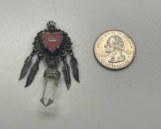Sterling Silver Sacred Heart Pendant with Sterling Feather, Stone & Crystal Accents