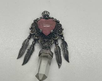 Sterling Silver Sacred Heart Pendant with Sterling Feather, Stone & Crystal Accents