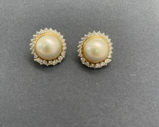 Mabé Earrings with Round and Pear Shaped Diamonds - Approximately 2.4 Carats Total Weight