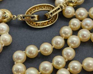 Approximate 42 Inch Strand of 7 MM to 7.2 MM Cultured Pearls Featuring a 14 Kt Yellow Gold, Diamond and Sapphire Clasp.