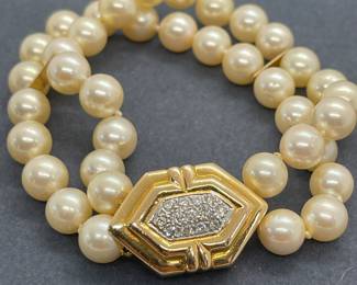 7 Inch Double Strand Pearl Bracelet - Cultured Pearls - Approximately 7 MM with Diamond Clasp featuring Approximately .4 Carats of Diamonds