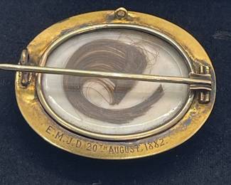 This Sale Will Feature a Selection of Victorian Morning Jewelry - This Piece is an 1882 Stunning Black Onyx and 9 Seed Pearl Brooch with Lock of Hair Intact