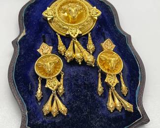 There is Rare and Then There is RARE - This is a Victorian Mourning Jewelry Suite in 14Kt Gold With Ram’s Head Decorations in the Victorian Etruscan Revival Style.  The Box Has The Original Sticker and is Attributed to the Famed Joseph Mayer and Indicates His Jewelry Store at 68 Lord Street Liverpool.  Created Approximately 1865, it is a Testament to His Legacy and Life-long Collections of Archeology.  Search 31890M on Bentley & Skinner's of London's Website for a Similar Set.