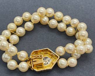 7 Inch Double Strand Pearl Bracelet - Cultured Pearls - Approximately 7 MM with Diamond Clasp featuring Approximately .4 Carats of Diamonds
