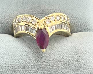 14 Kt Yellow Gold with Marquise Ruby Measuring Approximately 8 MM x 4 MM Featuring Round and Baguette Small Diamonds - Approximately 0.96 Carat of Diamonds