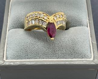 14 Kt Yellow Gold with Marquise Ruby Measuring Approximately 8 MM x 4 MM Featuring Round and Baguette Small Diamonds - Approximately 0.96 Carat of Diamonds