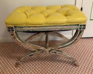 Antique French Stool with Button Tufted Top and elegantly designed wooden base.

Measures 21 x 17 x 15 inches. 